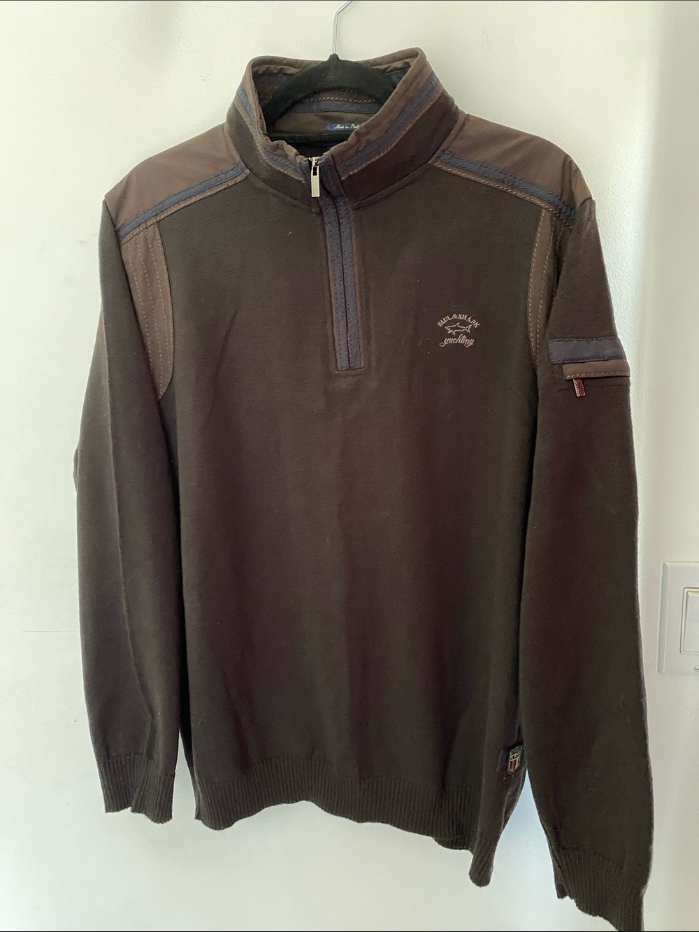 Paul & Shark Yachting Cool Touch Dark Brown Wool Sweater 1/4 Zip Jacket Italy